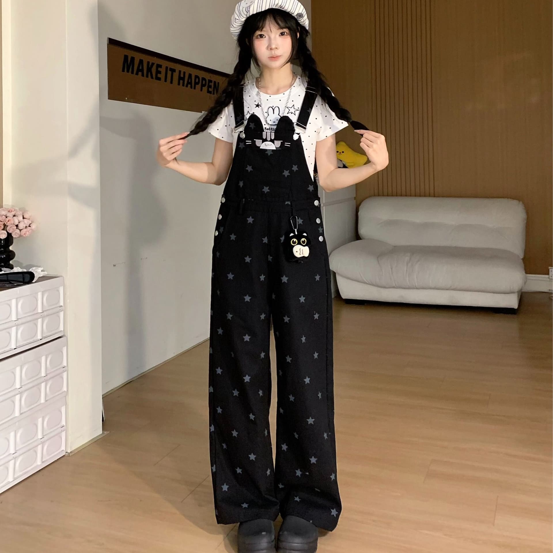 레트로 새끼 고양이 별 프린트 루즈핏 스트레이트 멜빵 바지 여성 연령 감소 캐주얼 긴 바지 이미지 5