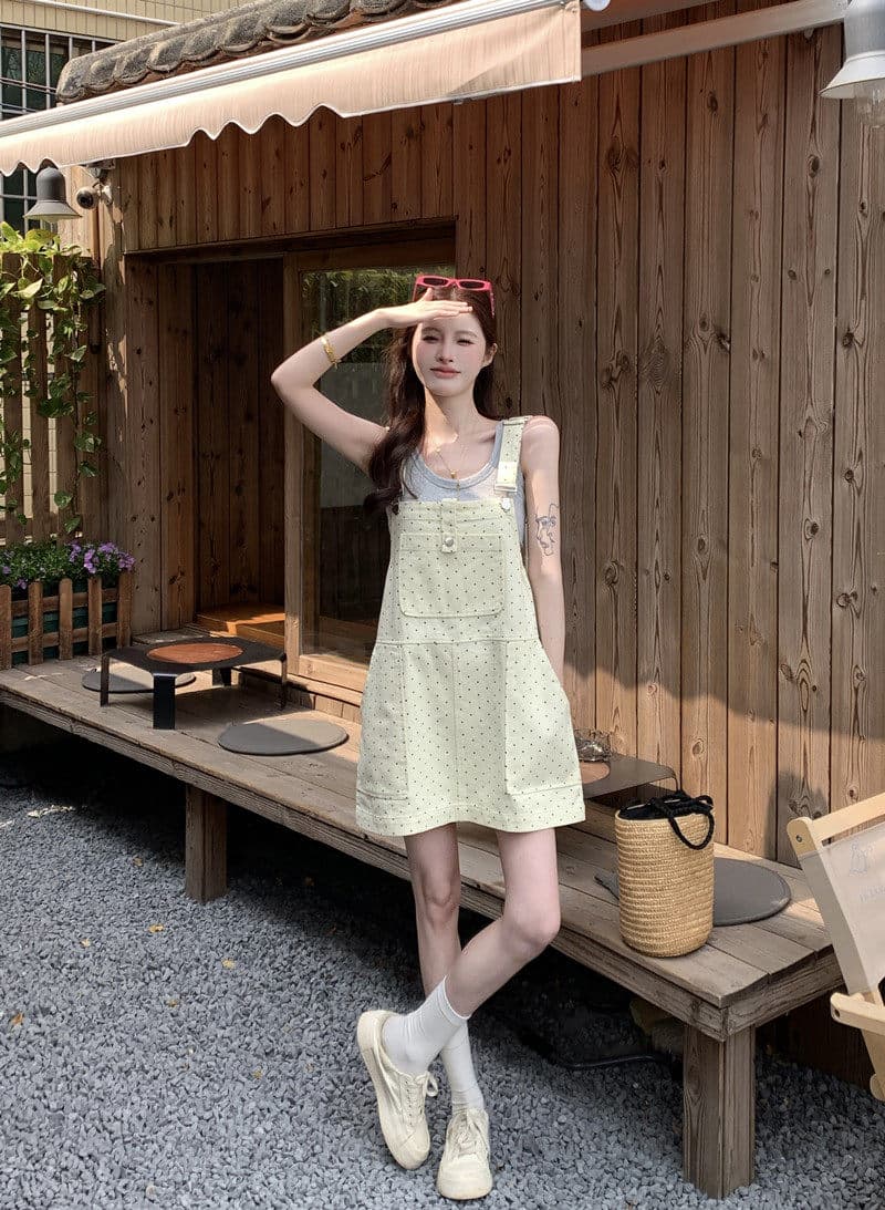 데님 순면 다용도 여름 여성 의류 가슴 주머니 연령 감소 도트 무늬 멜빵 스커트 허리 수축 드레스 하이웨이스트 슬림해 보이는 상세 이미지 17
