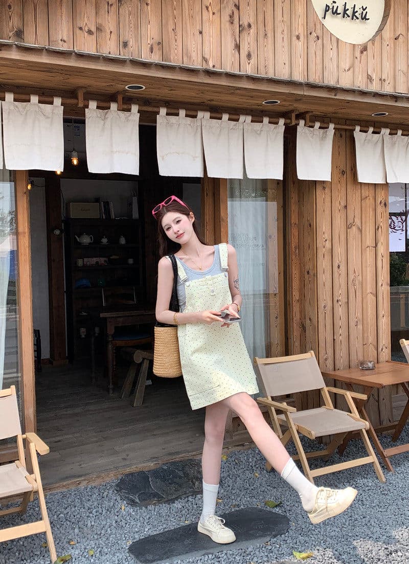 데님 순면 다용도 여름 여성 의류 가슴 주머니 연령 감소 도트 무늬 멜빵 스커트 허리 수축 드레스 하이웨이스트 슬림해 보이는 상세 이미지 18