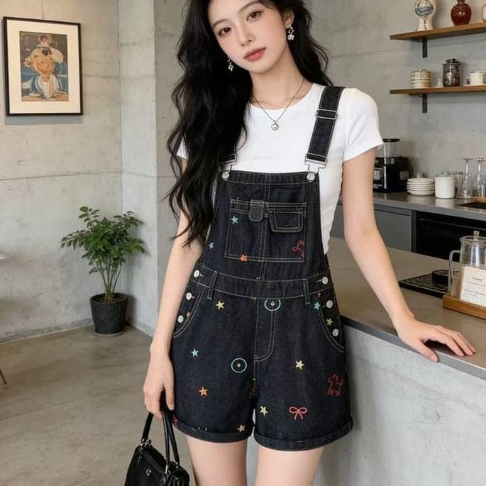 한 스타일 학원 스타일 자수 데님 멜빵 반바지 여름 새로운 작은 키 연령 감소 다용도 장난기 넘치는 와이드 레깅스 바지 상세 이미지 1