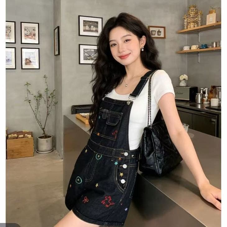 한 스타일 학원 스타일 자수 데님 멜빵 반바지 여름 새로운 작은 키 연령 감소 다용도 장난기 넘치는 와이드 레깅스 바지 상세 이미지 2
