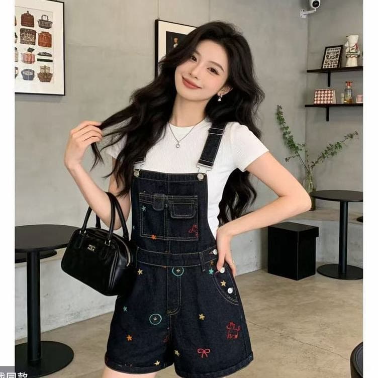 한 스타일 학원 스타일 자수 데님 멜빵 반바지 여름 새로운 작은 키 연령 감소 다용도 장난기 넘치는 와이드 레깅스 바지 상세 이미지 4