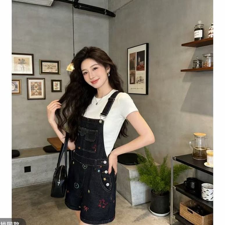 한 스타일 학원 스타일 자수 데님 멜빵 반바지 여름 새로운 작은 키 연령 감소 다용도 장난기 넘치는 와이드 레깅스 바지 상세 이미지 5