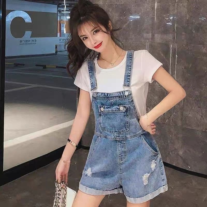 한국 스타일 루즈핏 넓은 다리 캐주얼 데님 멜빵 반바지 여성 여름 작은 키 볼륨 측면 찢어진 부분 슬립 올인원 바지 이미지 5