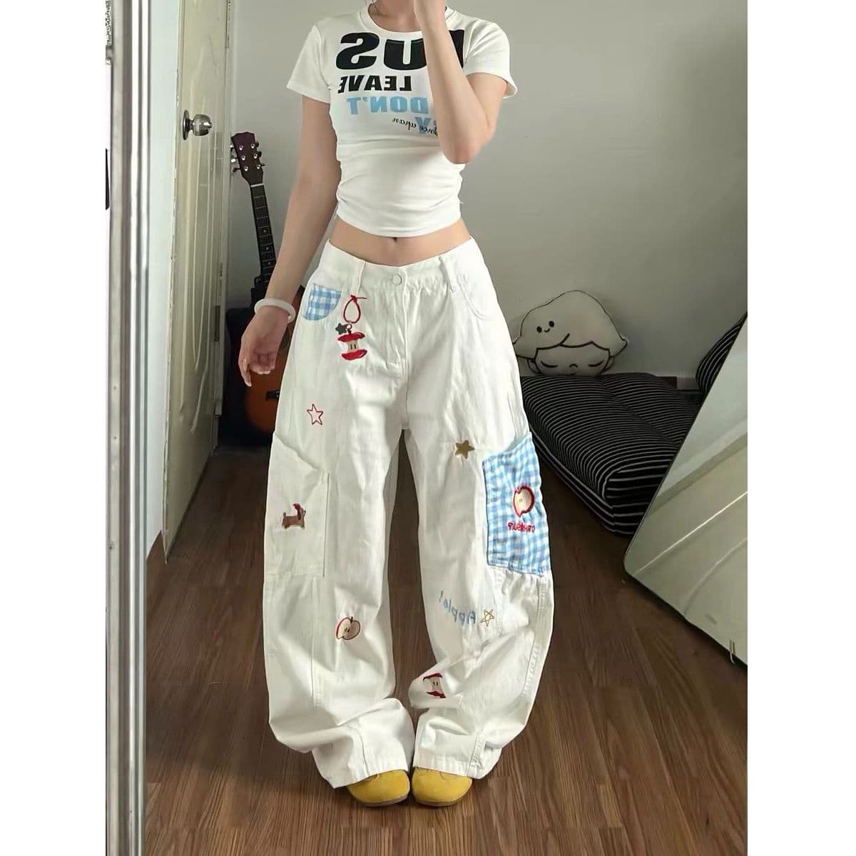 자이언트 잘 생긴 ~ 중 화이트 청바지 여성 아메리칸 재미있는 애플 강아지 자수 마 오래된 워싱 스트레이트 워크웨어 바지