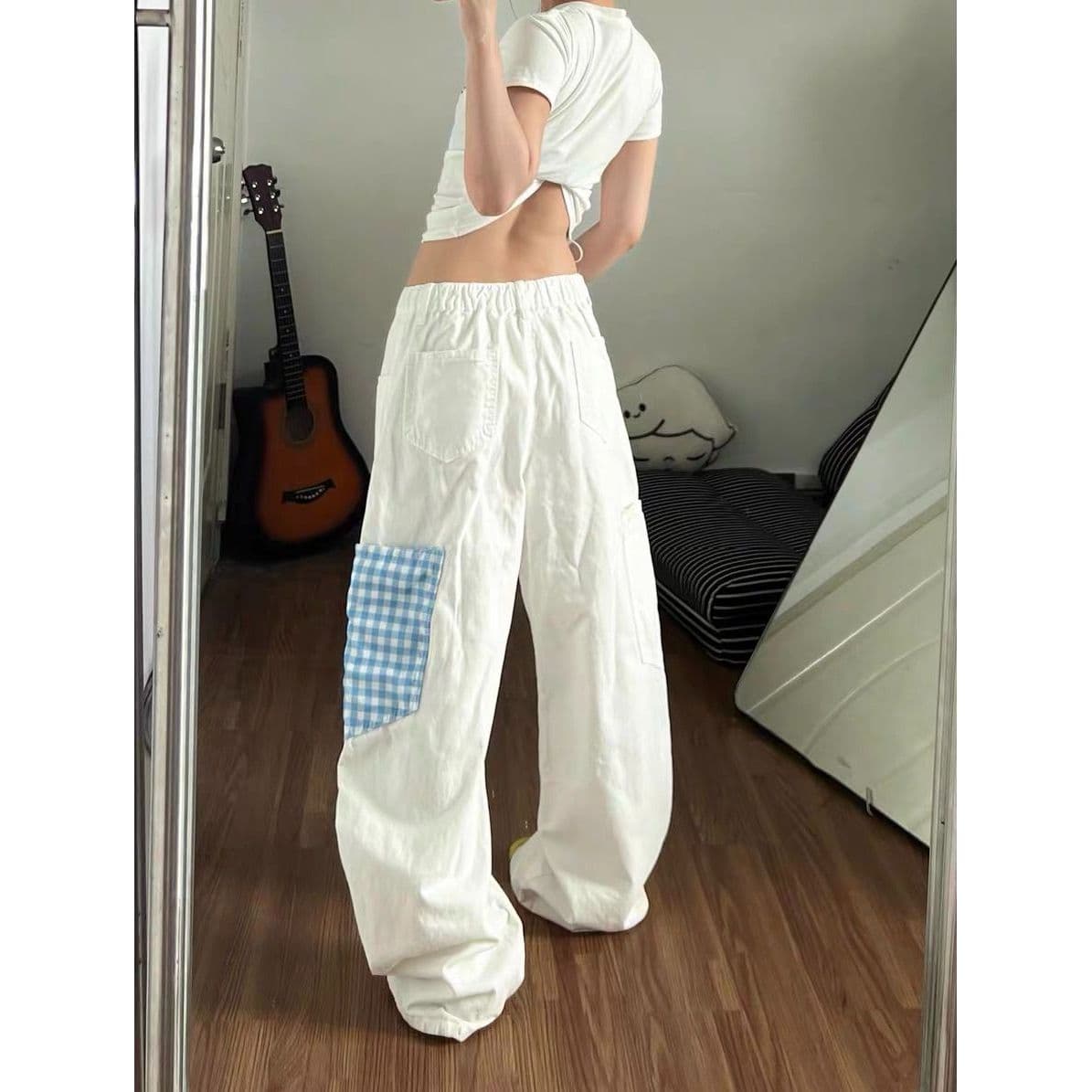 자이언트 잘 생긴 ~ 중 화이트 청바지 여성 아메리칸 재미있는 애플 강아지 자수 마 오래된 워싱 스트레이트 워크웨어 바지 이미지 3