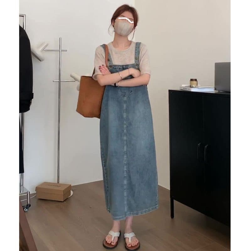 한국 스타일 다용도 데님 멜빵 스커트 여성 여름 새로운 루즈핏 연령 감소 중간 길이 출퇴근 바람 학생 드레스 트렌디 상세 이미지 4