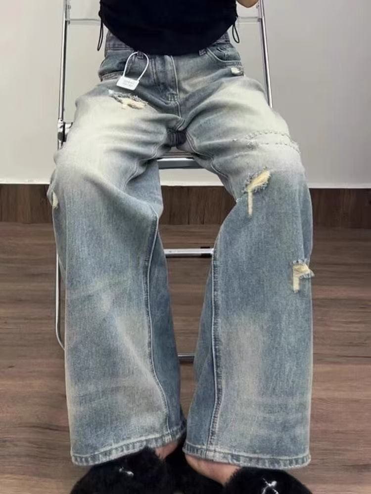 아메리칸 찢어진 부분 청바지 여성 여름 여름 느슨함 센스 하이웨이스트 루즈핏 느긋한 바람 와이드 레그 팬츠 어린이 상세 이미지 3