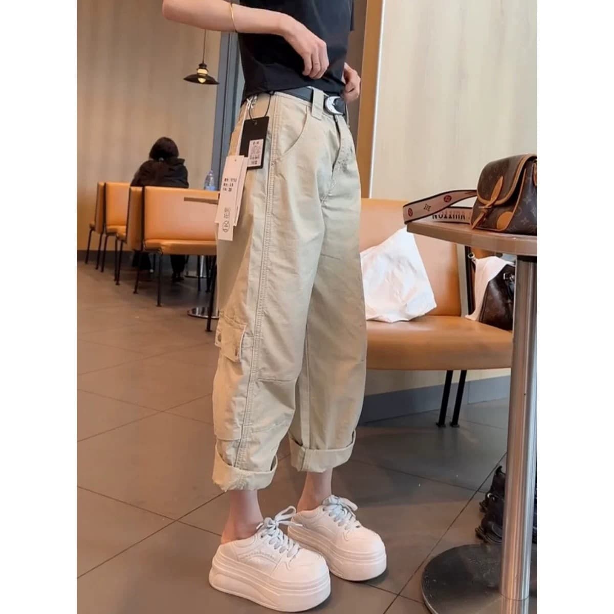 아메리칸 워크웨어 얇은 스타일 캐주얼 청바지 여성 2026 여름 새로운 높음 거리 슬림해 보이는 차가운 바람의 소리 바람 9 포인트 스트레이트 팬츠 상세 이미지 2