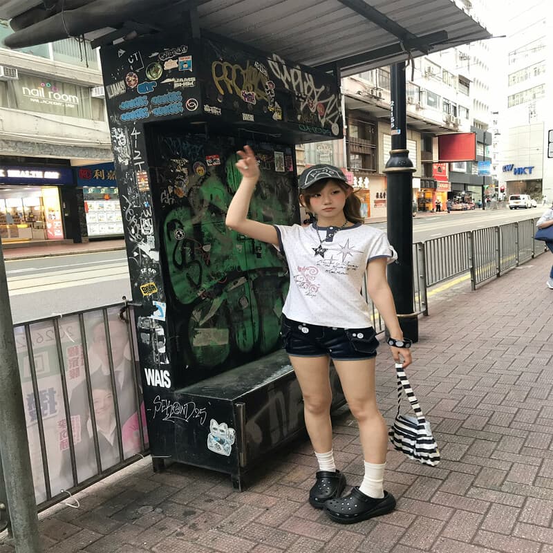 고대 조기 소녀 단추 프린트 데님 핫 바지 로우 웨이스트 볼륨 측면 슬림해 보이는 핫걸 이미지 5