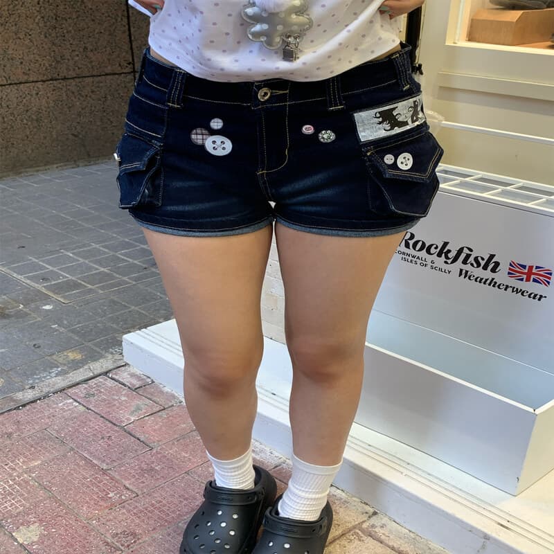 고대 조기 소녀 단추 프린트 데님 핫 바지 로우 웨이스트 볼륨 측면 슬림해 보이는 핫걸 상세 이미지 2