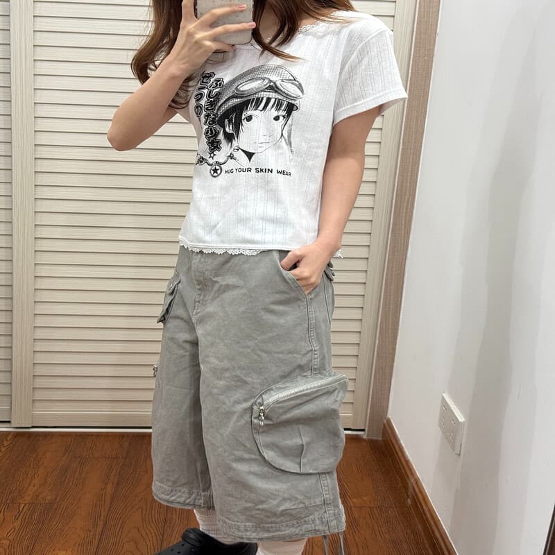 빅 사이즈 아메리칸 레트로 3 차원 빅 포켓 데님 7부 바지 남녀 여름 루즈핏 다용도 넓은 다리 워크웨어 반바지 상세 이미지 1