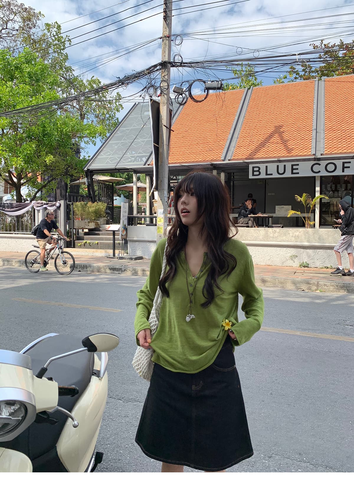 레트로 원색 데님 중간 스커트 2026 봄 여름 새로운 하이웨이스트 한 마디 타이트 스커트 진한 파란색 반신 스커트 상세 이미지 4