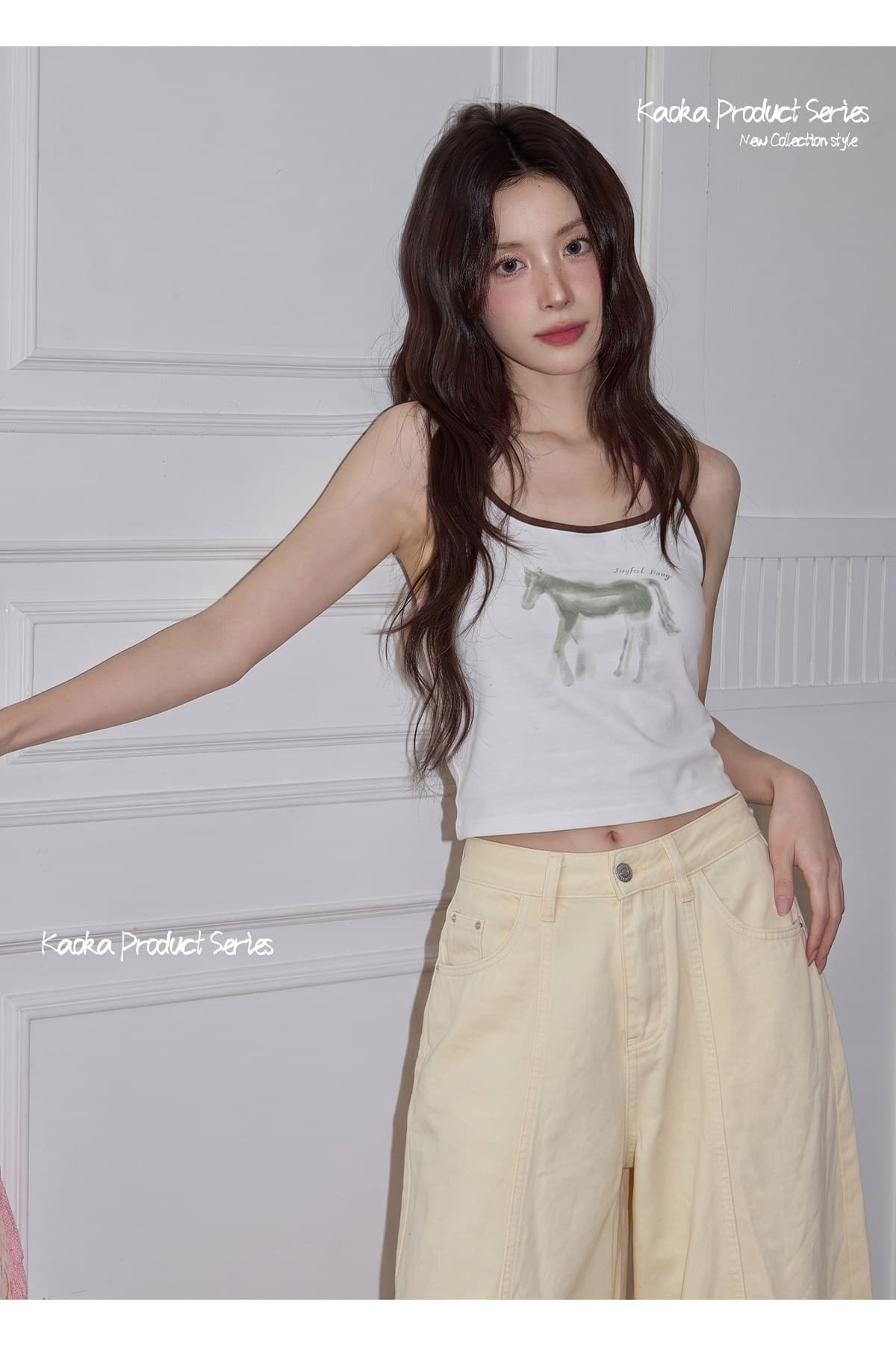 황색 7부 바지 여성 여름 얇은 스타일 루즈핏 캐주얼 와이드 레그 팬츠 어린이 하이웨이스트 스트레이트 데님 바지 상세 이미지 16