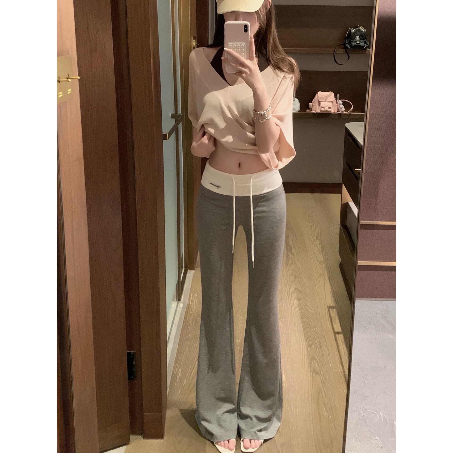 패치워크 뒤집다 허리 펌프 로프 느긋한 도루 도루 바지 배색 스트라이프 부츠컷 슬림해 보이는 캐주얼 운동 긴 바지 이미지 5