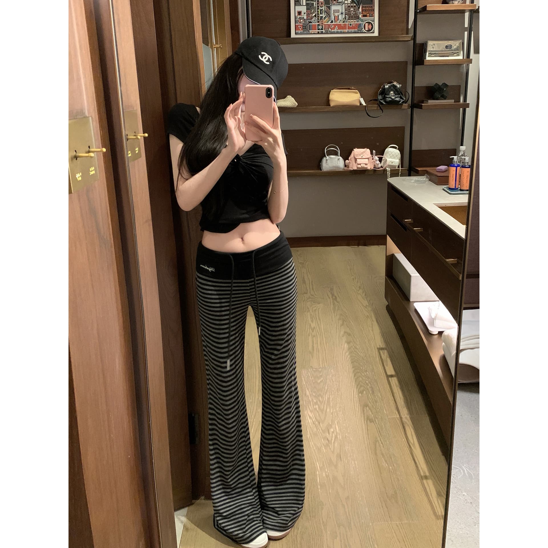 패치워크 뒤집다 허리 펌프 로프 느긋한 도루 도루 바지 배색 스트라이프 부츠컷 슬림해 보이는 캐주얼 운동 긴 바지