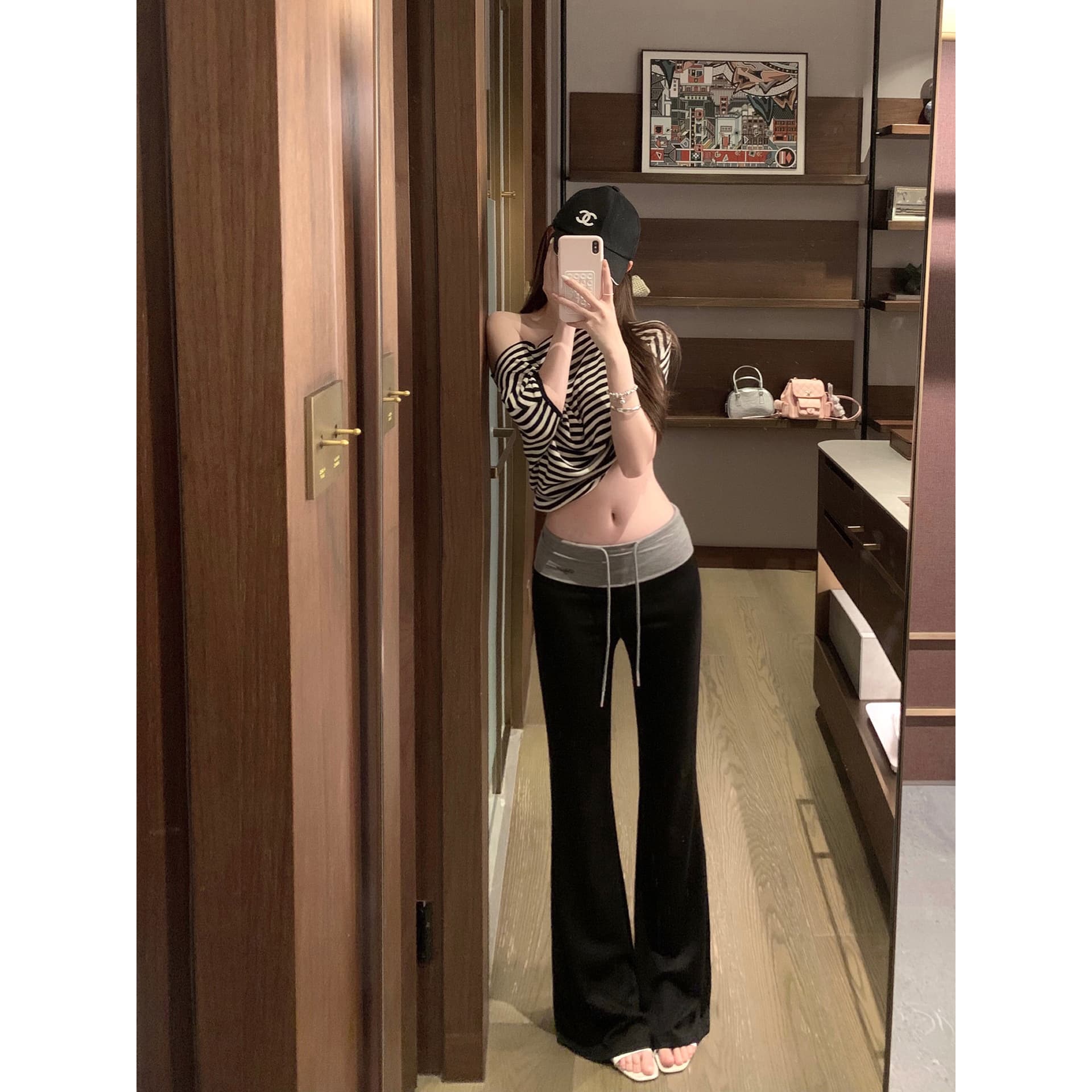 패치워크 뒤집다 허리 펌프 로프 느긋한 도루 도루 바지 배색 스트라이프 부츠컷 슬림해 보이는 캐주얼 운동 긴 바지 이미지 3