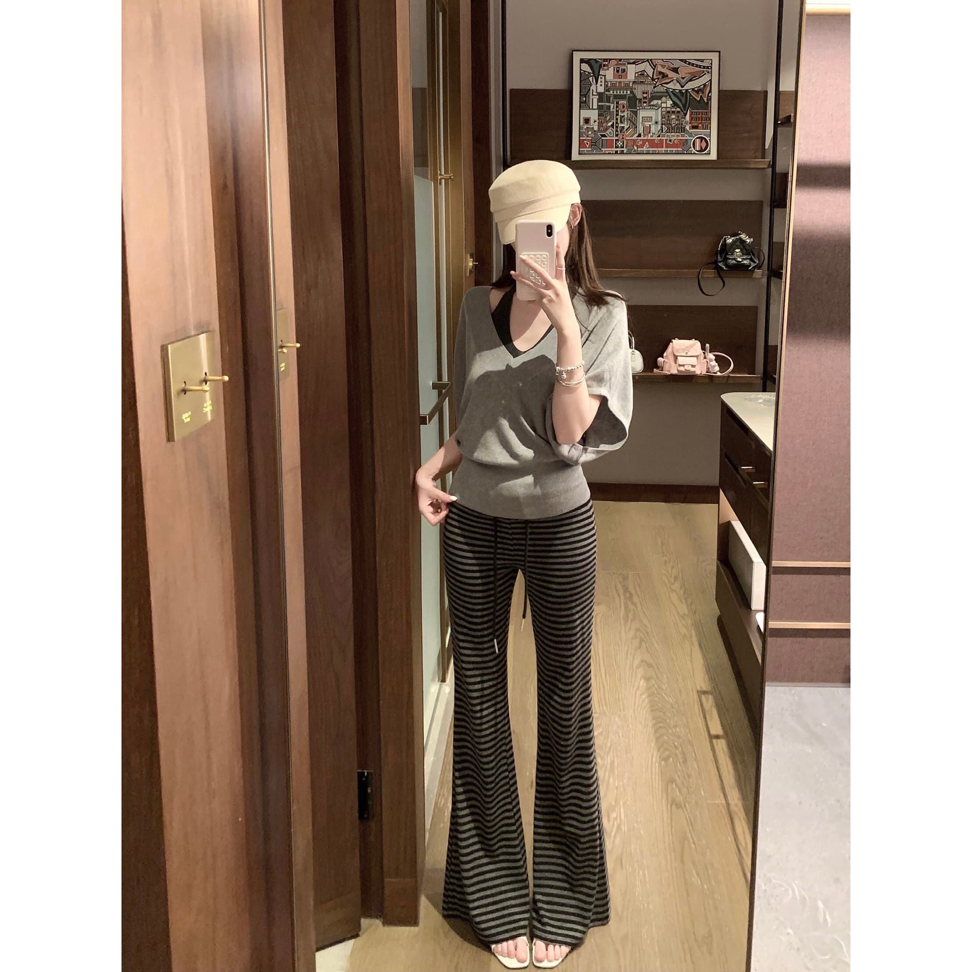 패치워크 뒤집다 허리 펌프 로프 느긋한 도루 도루 바지 배색 스트라이프 부츠컷 슬림해 보이는 캐주얼 운동 긴 바지 이미지 4