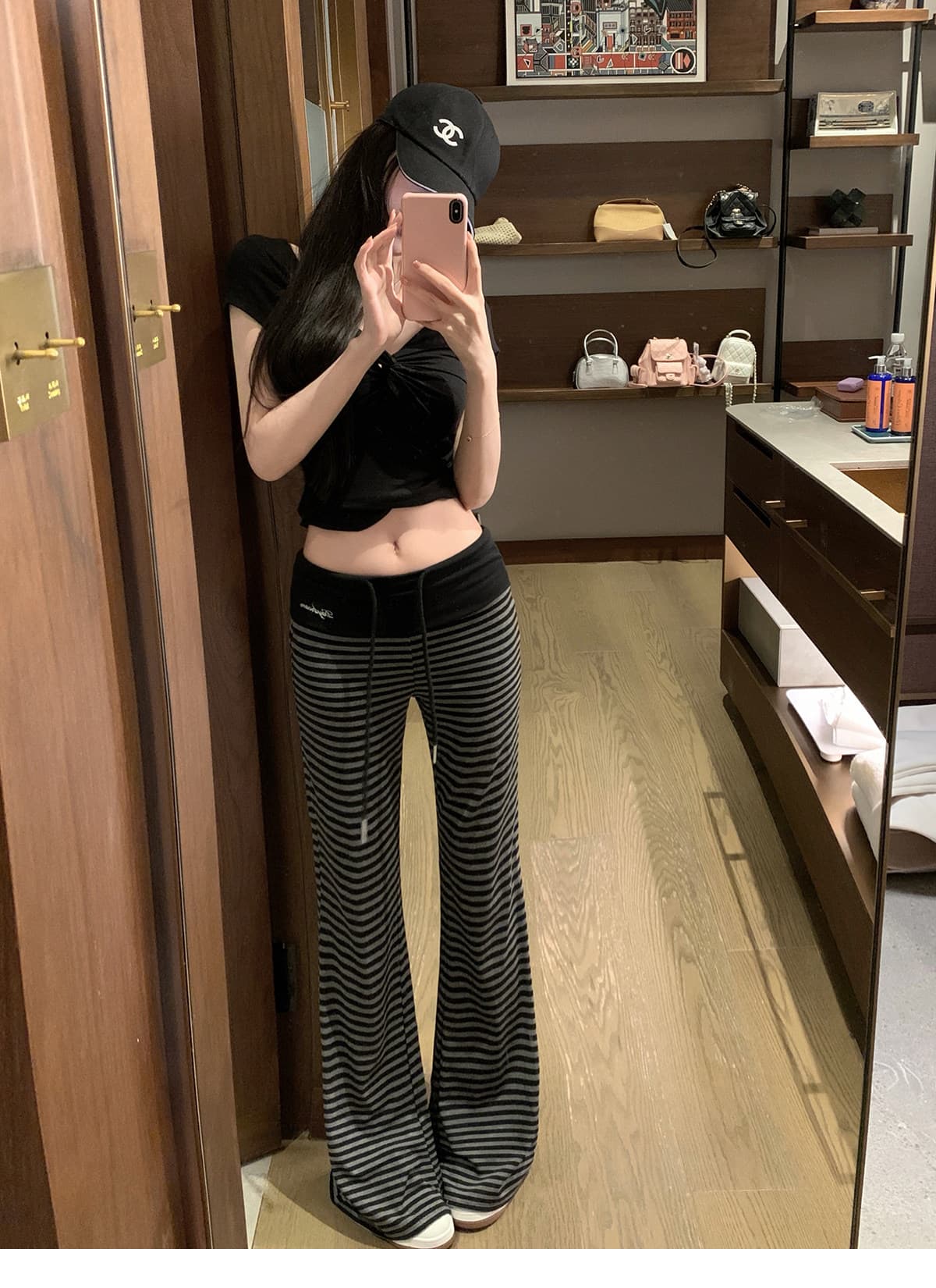 패치워크 뒤집다 허리 펌프 로프 느긋한 도루 도루 바지 배색 스트라이프 부츠컷 슬림해 보이는 캐주얼 운동 긴 바지 상세 이미지 1