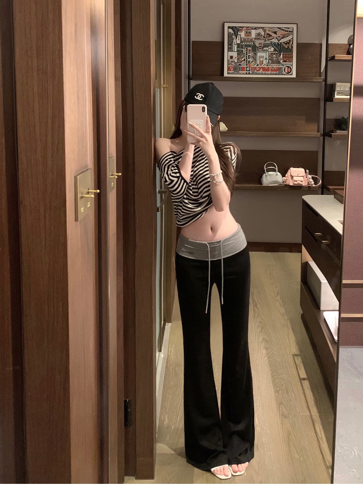 패치워크 뒤집다 허리 펌프 로프 느긋한 도루 도루 바지 배색 스트라이프 부츠컷 슬림해 보이는 캐주얼 운동 긴 바지 상세 이미지 3