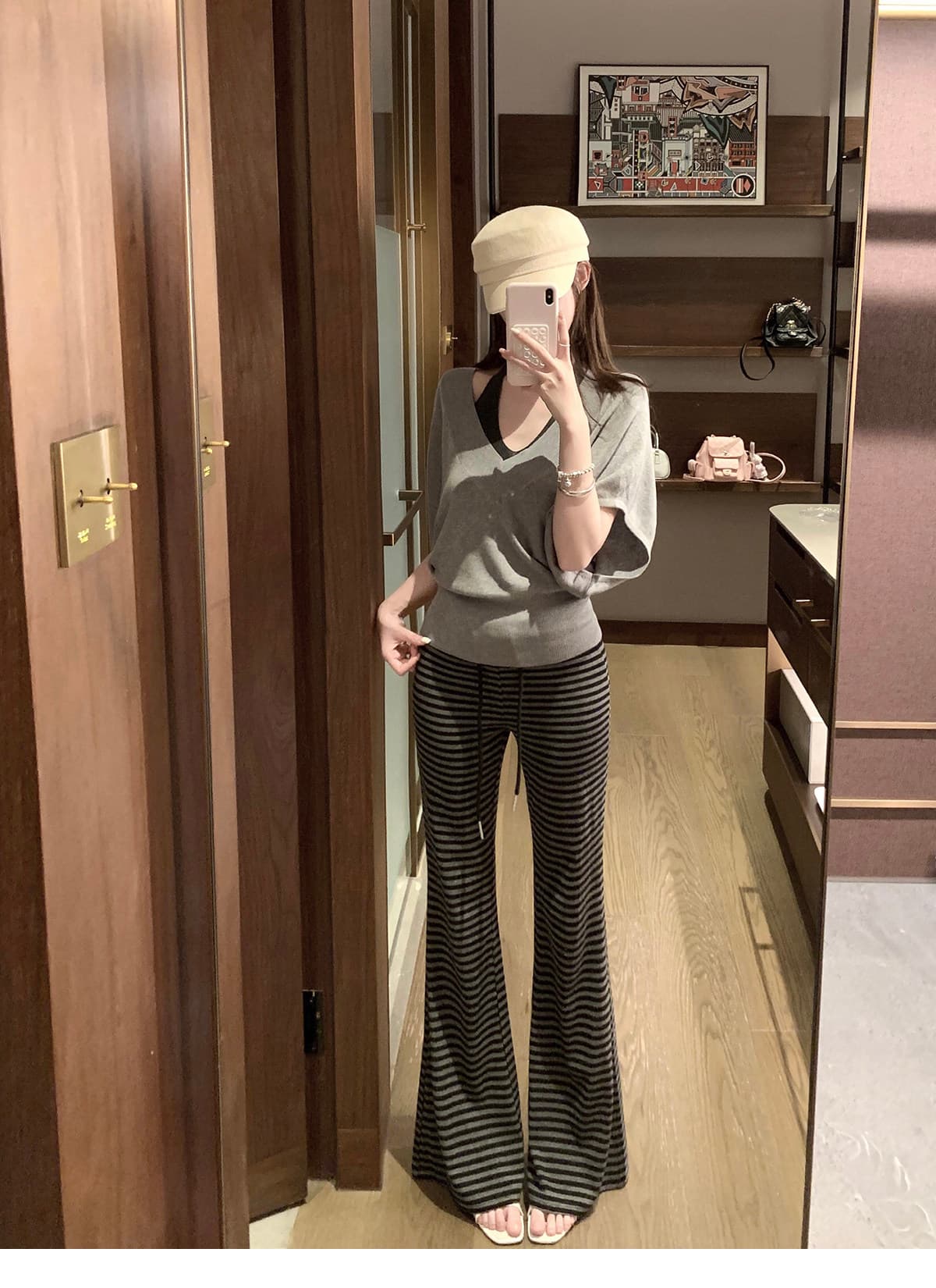 패치워크 뒤집다 허리 펌프 로프 느긋한 도루 도루 바지 배색 스트라이프 부츠컷 슬림해 보이는 캐주얼 운동 긴 바지 상세 이미지 4
