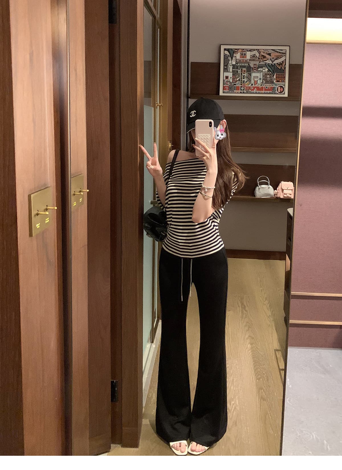 패치워크 뒤집다 허리 펌프 로프 느긋한 도루 도루 바지 배색 스트라이프 부츠컷 슬림해 보이는 캐주얼 운동 긴 바지 상세 이미지 10