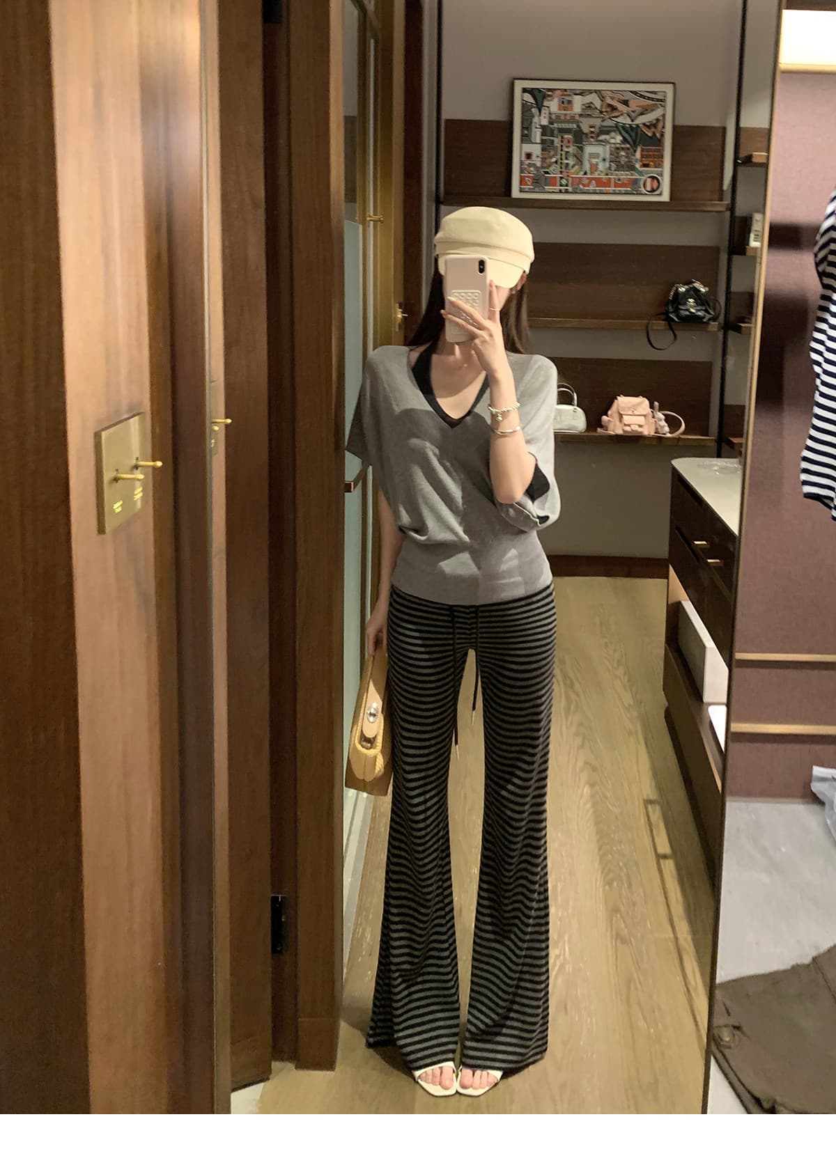 패치워크 뒤집다 허리 펌프 로프 느긋한 도루 도루 바지 배색 스트라이프 부츠컷 슬림해 보이는 캐주얼 운동 긴 바지 상세 이미지 13