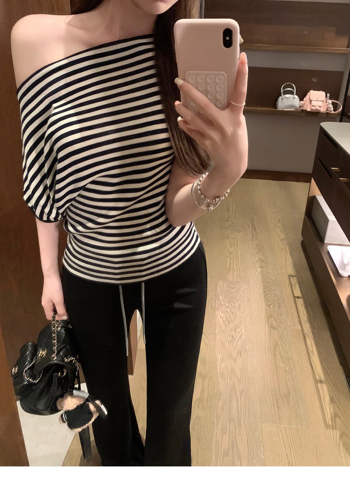 패치워크 뒤집다 허리 펌프 로프 느긋한 도루 도루 바지 배색 스트라이프 부츠컷 슬림해 보이는 캐주얼 운동 긴 바지 상세 이미지 19