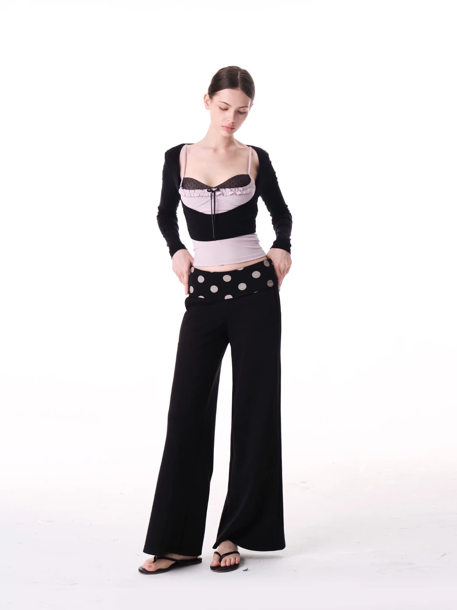 검정색 도트 무늬 캐주얼 바지 여성 2026 여름 새로운 디자인 센스 허리 머리 스트레이트 슬림해 보이는 긴 바지 여성 상세 이미지 1