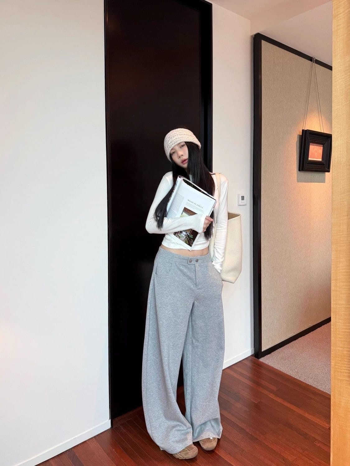 회색 와이드 레그 팬츠 웨이 바지 루즈핏 bf 느긋한 바람 캐주얼 바지 굴곡 긴 바지