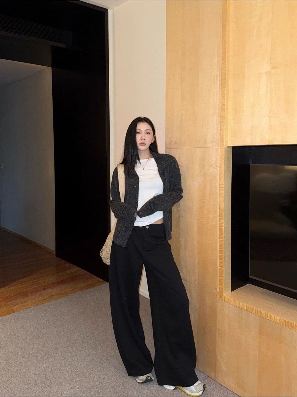 회색 와이드 레그 팬츠 웨이 바지 루즈핏 bf 느긋한 바람 캐주얼 바지 굴곡 긴 바지 상세 이미지 8