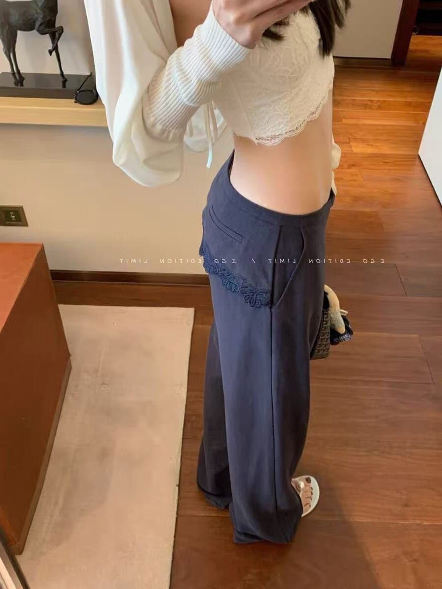 아마 라이 경기 서울 면 자수 방귀 커튼 패치워크 로우 웨이스트 캐주얼 바지 여성 작은 대중 Chic 긴 바지 상세 이미지 1
