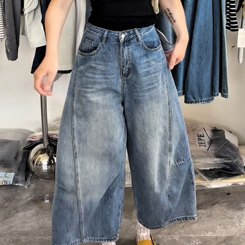 얇은 스타일 청바지 여성 루즈핏 와이드 레그 팬츠 여름 표지 넓적 다리 할머니 바지 배 종류 몸 다용도 슬림해 보이는 9 포인트 스트레이트 팬츠 이미지 5