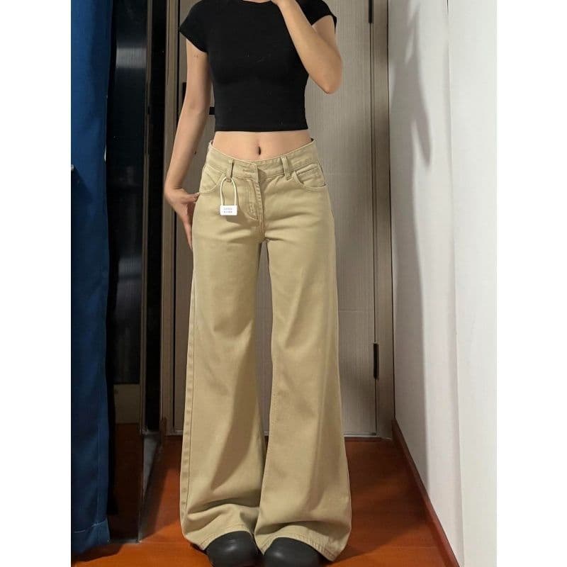145 작은 키 아메리칸 레트로 카키 색 부츠컷 청바지 여성 2026 봄 가을 로우 웨이스트 루즈핏 바닥 청소 바지 상세 이미지 5