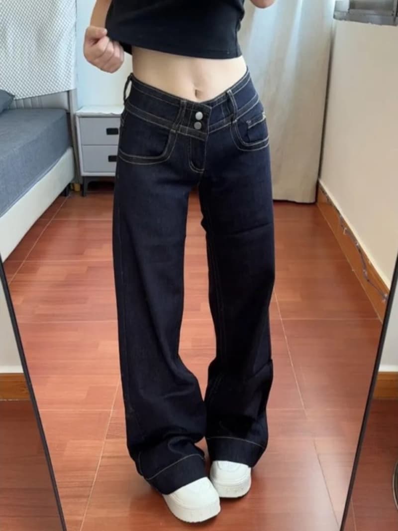 아메리칸 레트로 디자인 센스 단추 부츠컷 청바지 여성 봄 가을 작은 키 핫걸 로우 웨이스트 루즈핏 스트레이트 바지 상세 이미지 1