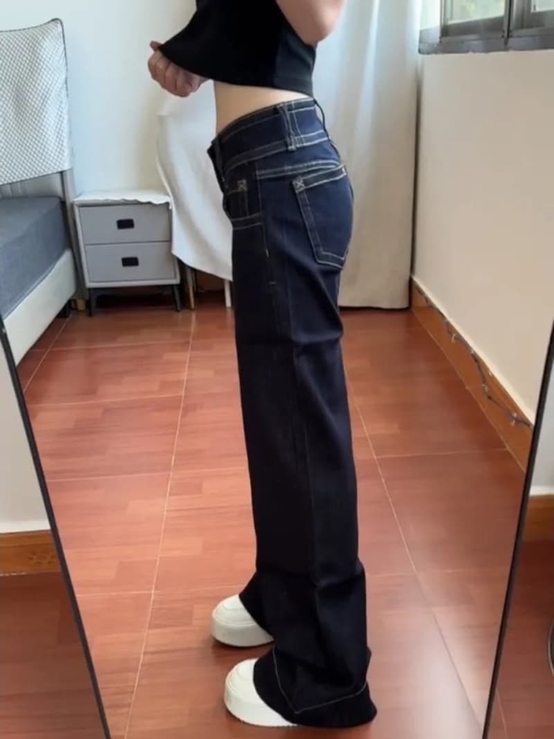 아메리칸 레트로 디자인 센스 단추 부츠컷 청바지 여성 봄 가을 작은 키 핫걸 로우 웨이스트 루즈핏 스트레이트 바지 상세 이미지 3