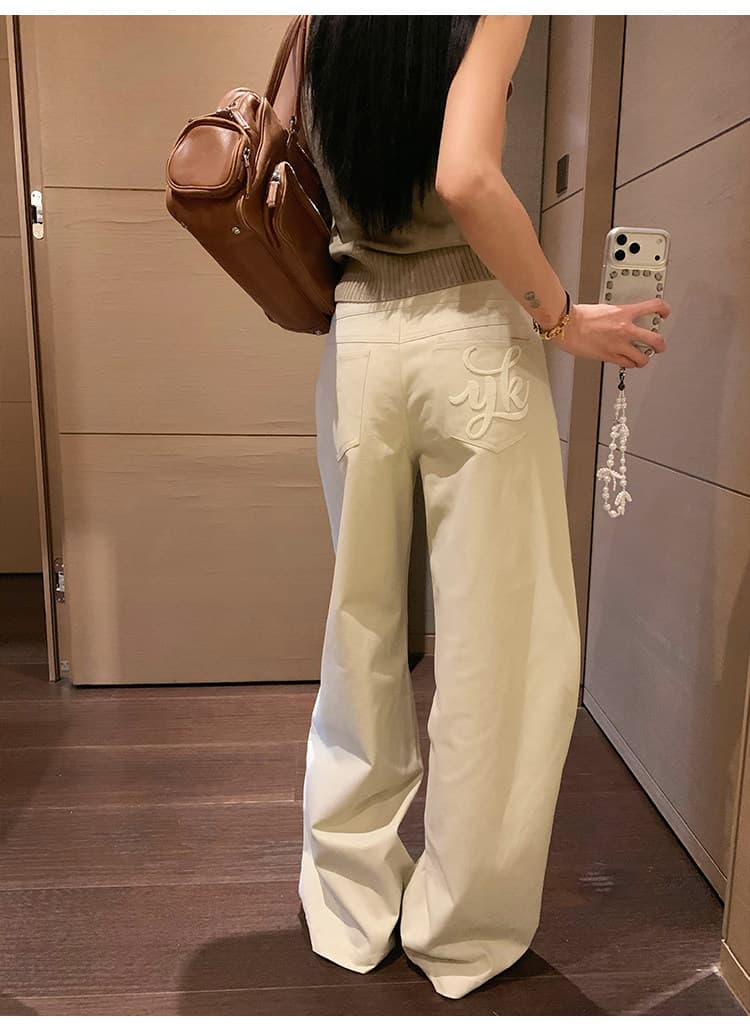 한 여성 분위기 스트레이트 캐주얼 바지 디자인 센스 허리 머리 와이드 레그 팬츠 워싱 면 롱 바지 상세 이미지 4