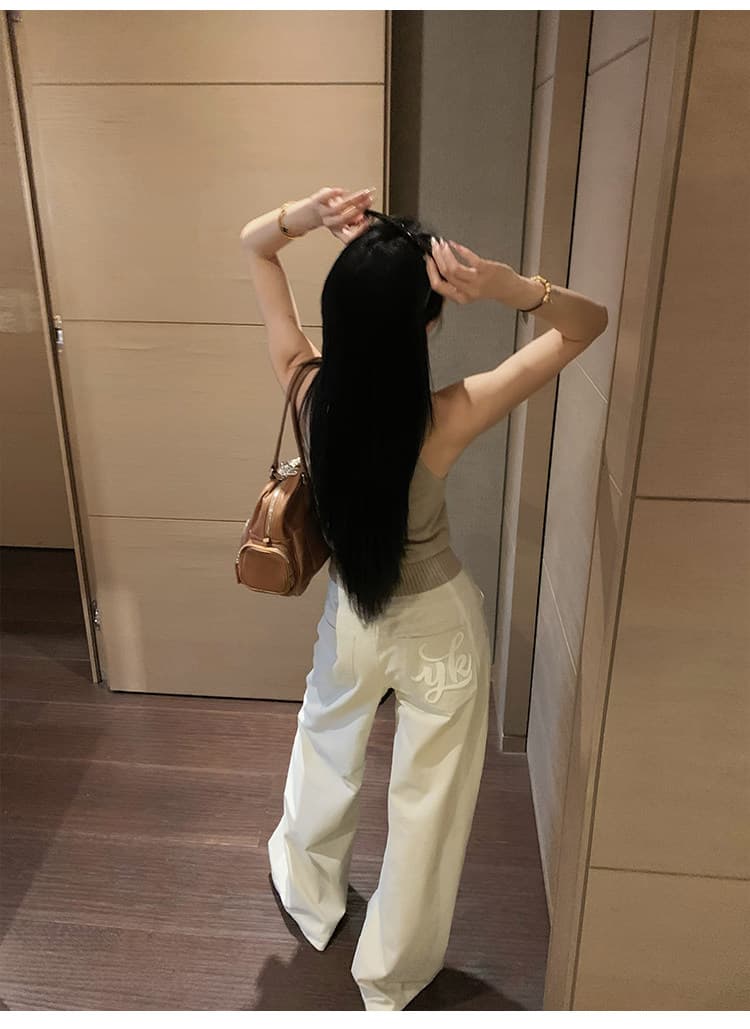 한 여성 분위기 스트레이트 캐주얼 바지 디자인 센스 허리 머리 와이드 레그 팬츠 워싱 면 롱 바지 상세 이미지 11
