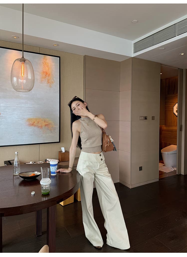 한 여성 분위기 스트레이트 캐주얼 바지 디자인 센스 허리 머리 와이드 레그 팬츠 워싱 면 롱 바지 상세 이미지 14