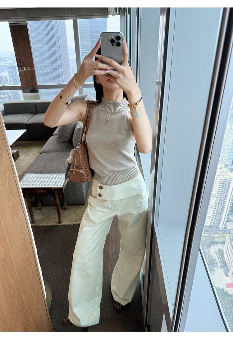 한 여성 분위기 스트레이트 캐주얼 바지 디자인 센스 허리 머리 와이드 레그 팬츠 워싱 면 롱 바지 상세 이미지 16