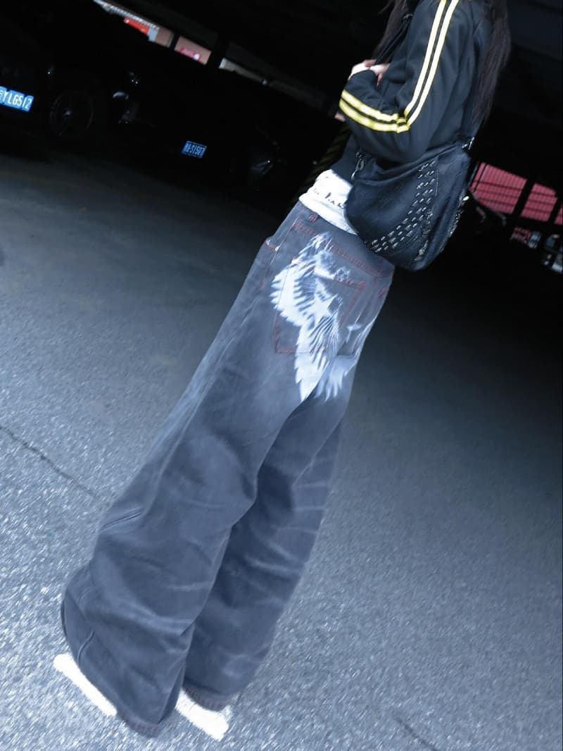 날개 별 프린트 물결 무늬 블랙 회색 워싱 레드 라인 baggy 빛 아시아 인 거리 청바지 이미지 3