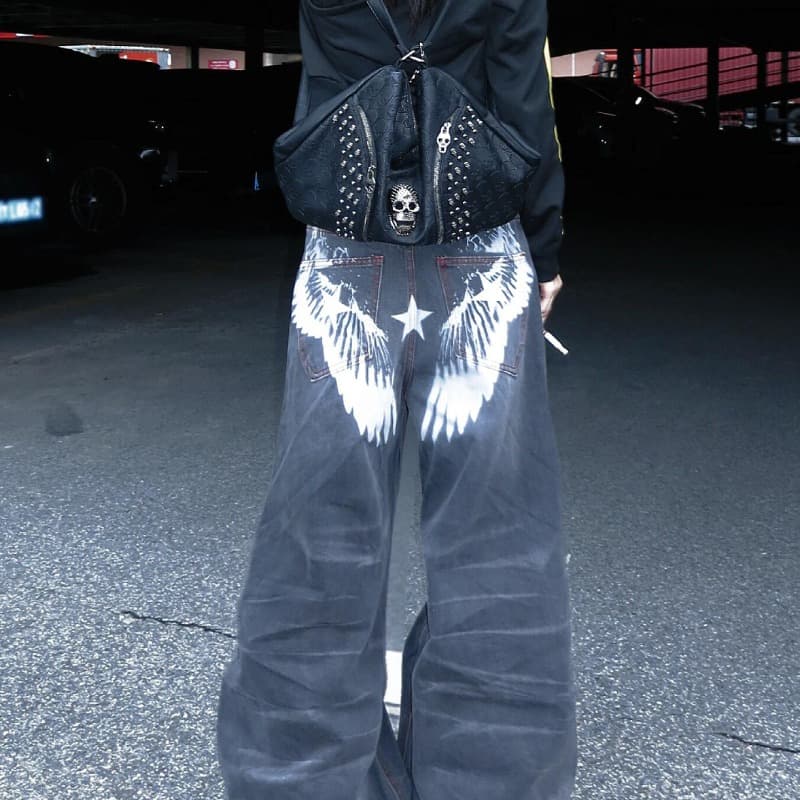 날개 별 프린트 물결 무늬 블랙 회색 워싱 레드 라인 baggy 빛 아시아 인 거리 청바지 이미지 5