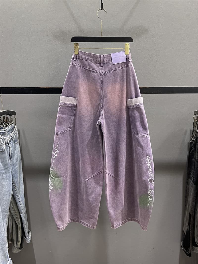 빅 사이즈 아메리칸 레트로 워싱 알파벳 프린트 모통이 칼 청바지 여성 작은 대중 디자인 센스 루즈핏 넓은 다리 길이 바지 트렌디 상세 이미지 5