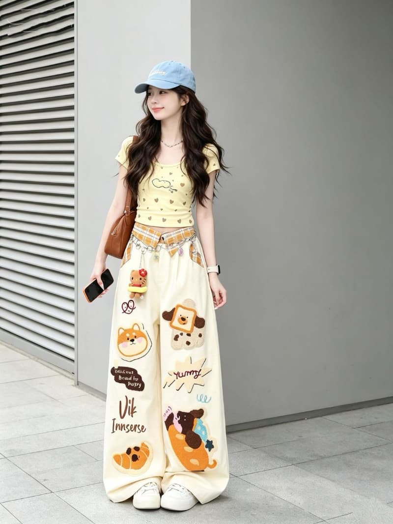 아메리칸 레트로 만화 고양이 자수 체크무늬 청바지 여성 여름 스트레이트 다용도 캐주얼 바지 Taobao 상세 이미지 6