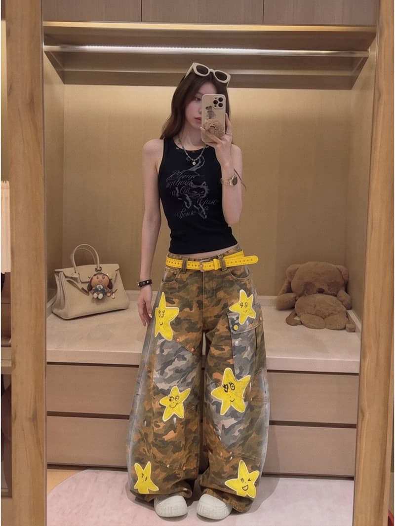 2026 년 봄 드레스 새로운 오리지널 수채화 웃는 얼굴 황색 불가사리 모통이 칼 청바지 여성 개성 바지 이미지 3