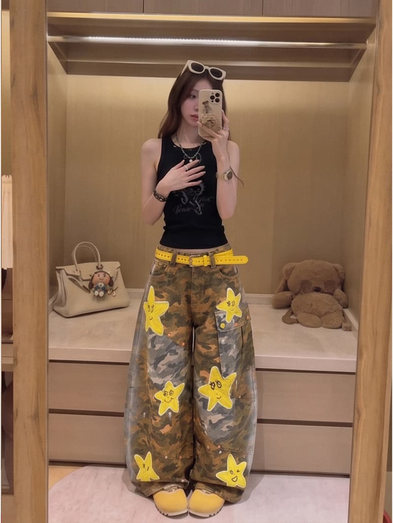 2026 년 봄 드레스 새로운 오리지널 수채화 웃는 얼굴 황색 불가사리 모통이 칼 청바지 여성 개성 바지 상세 이미지 2