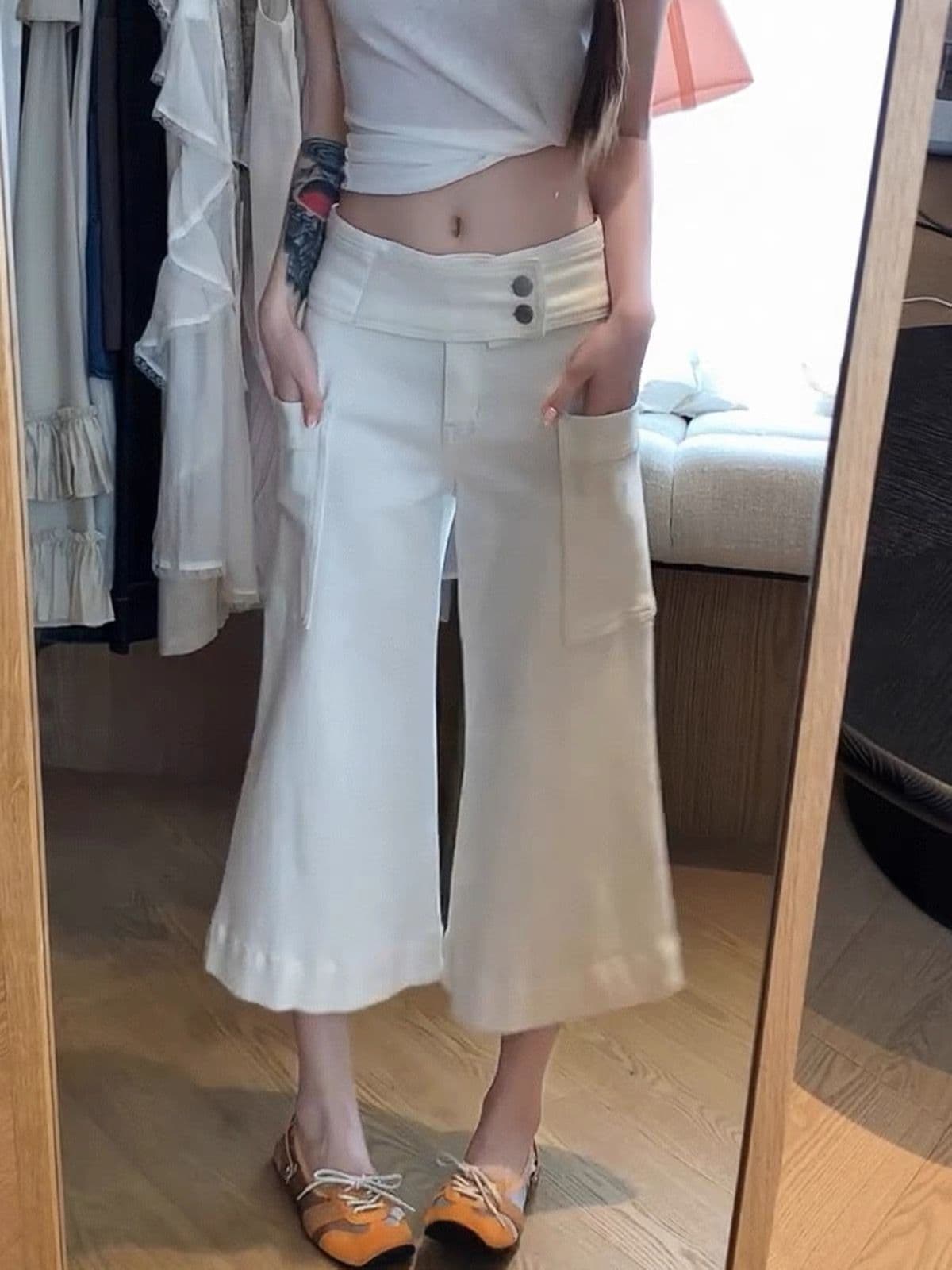 아메리칸 레트로 핫걸 디자인 센스 빅 포켓 청바지 아이들 여름 새로운 루즈핏 슬림해 보이는 부츠컷 7부 바지 상세 이미지 4