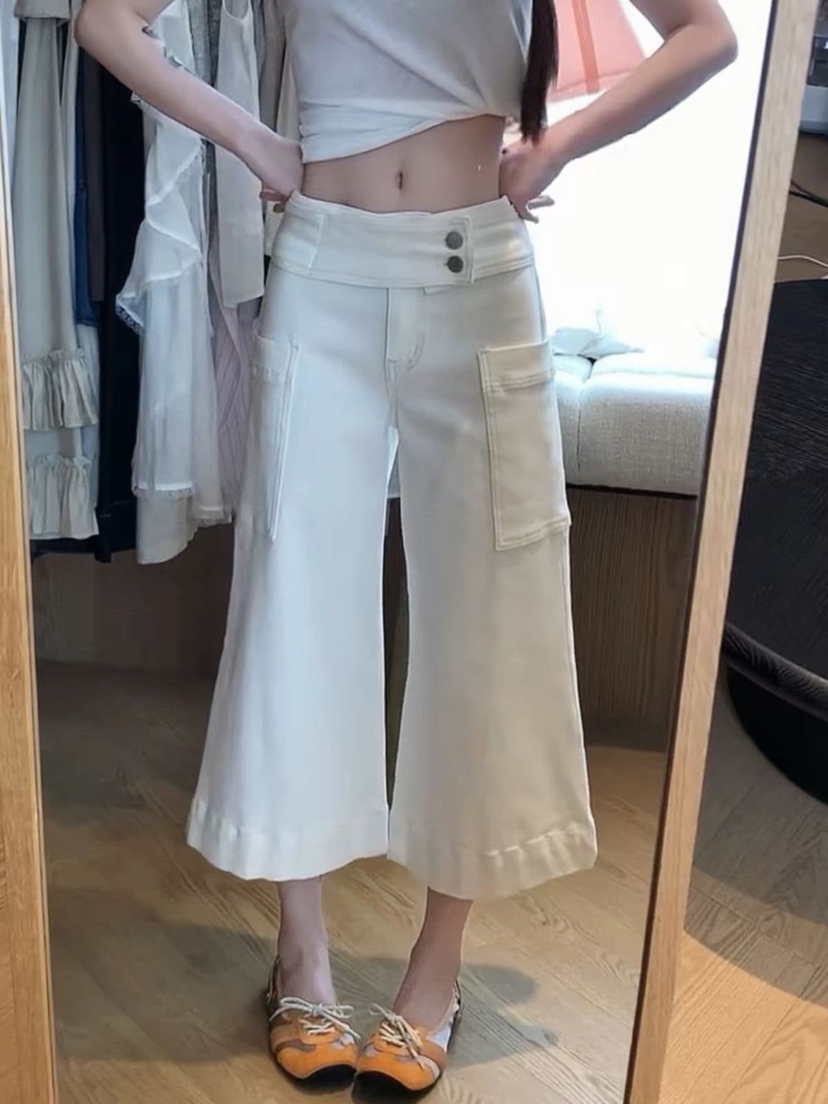 아메리칸 레트로 핫걸 디자인 센스 빅 포켓 청바지 아이들 여름 새로운 루즈핏 슬림해 보이는 부츠컷 7부 바지 상세 이미지 5