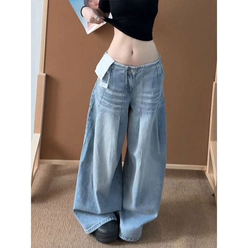 아메리칸 하늘색 없음 허리 머리 넓은 다리 청바지 여성 여름 새로운 레트로 로우 웨이스트 주름 플리츠 바닥 청소 긴 바지 상세 이미지 3
