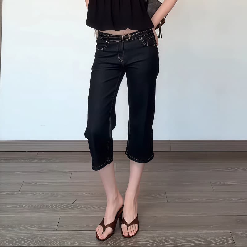 아메리칸 레트로 로우 웨이스트 검정색 부츠컷 고대 조기 7부 바지 여성 여름 타이트 바지 5 점 짧은 바지 청바지 이미지 3